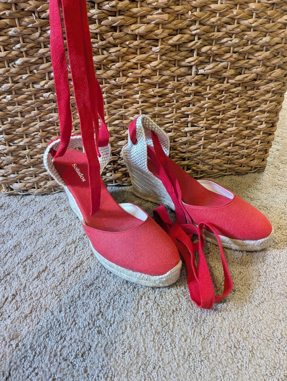 Soludos Red Canvas Espadrille Wedge Ankle Tie Sandals